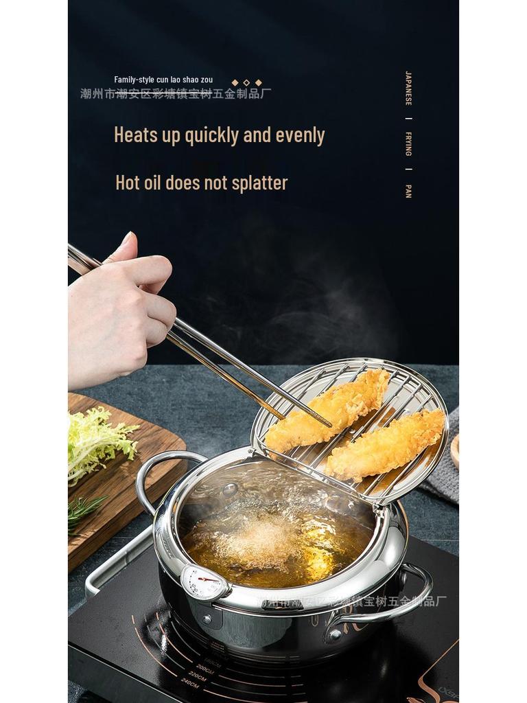 304 Stainless Steel Tempura Fryer with Thermometer for Oil-Saving On Induction and Gas Stoves