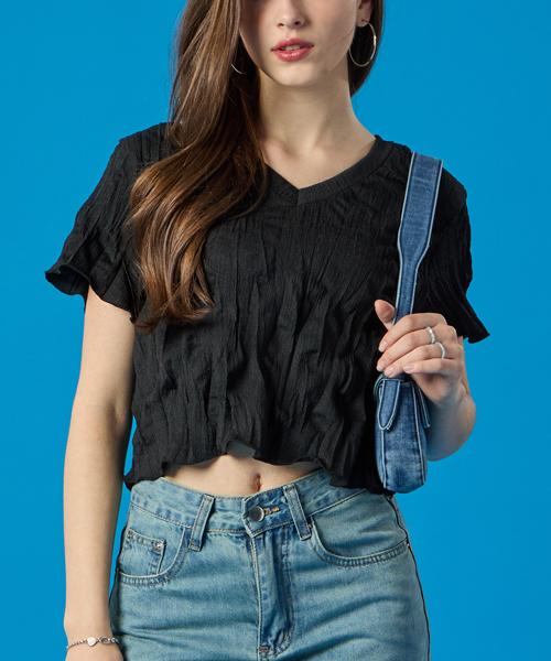 KOLEAT Summer Cooling Marmont V-Neck Crop Plain Short Sleeve T-Shirt [Black]