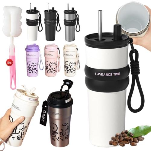Ceramic Tumbler with Straw, Ceramic Water Bottle with Lid, Mug Bottle with Straw, Direct Drinking, Coffee Mug, Vacuum Insulated, Keeps Hot or Cold, La