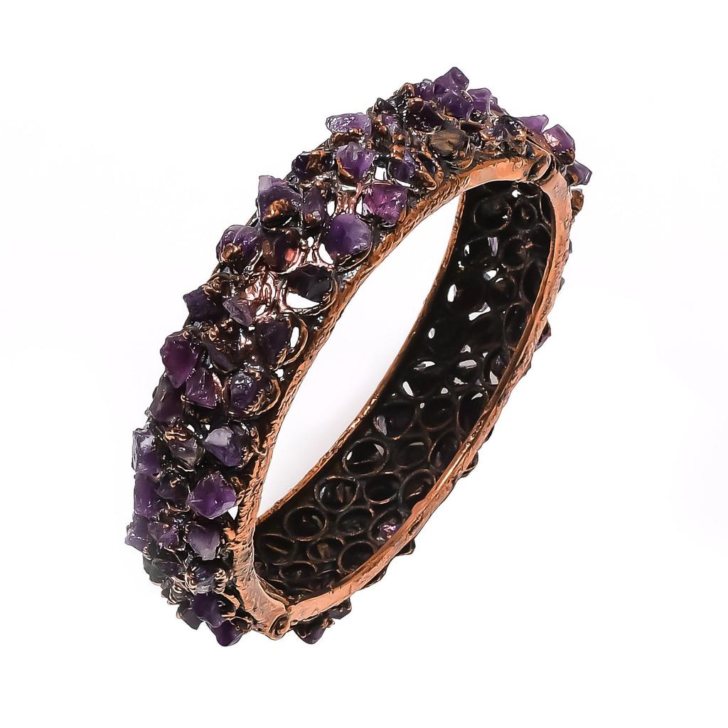 Amethyst Cuff Bracelet Real Gemstone Bangle, Copper Electroformed Bracelet Handmade Jewelry, Adjustable Bangle For Gift Women Jewelry