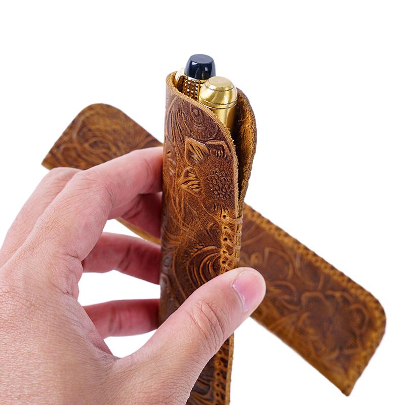 Reliéfní design Ručně vyrobená taštička na tužky Retro taštička na pera Pravá kůže Embossovaná květinová kapsička na pero Dárková ochranná taštička Držák na psací potřeby