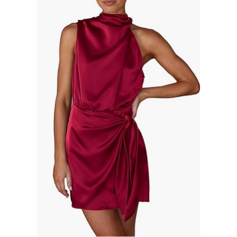 Women's Spring Summer Formal Satin Mini Dress High Neck Sleeveless Knot Waist Cocktail Party Bodycon Dress