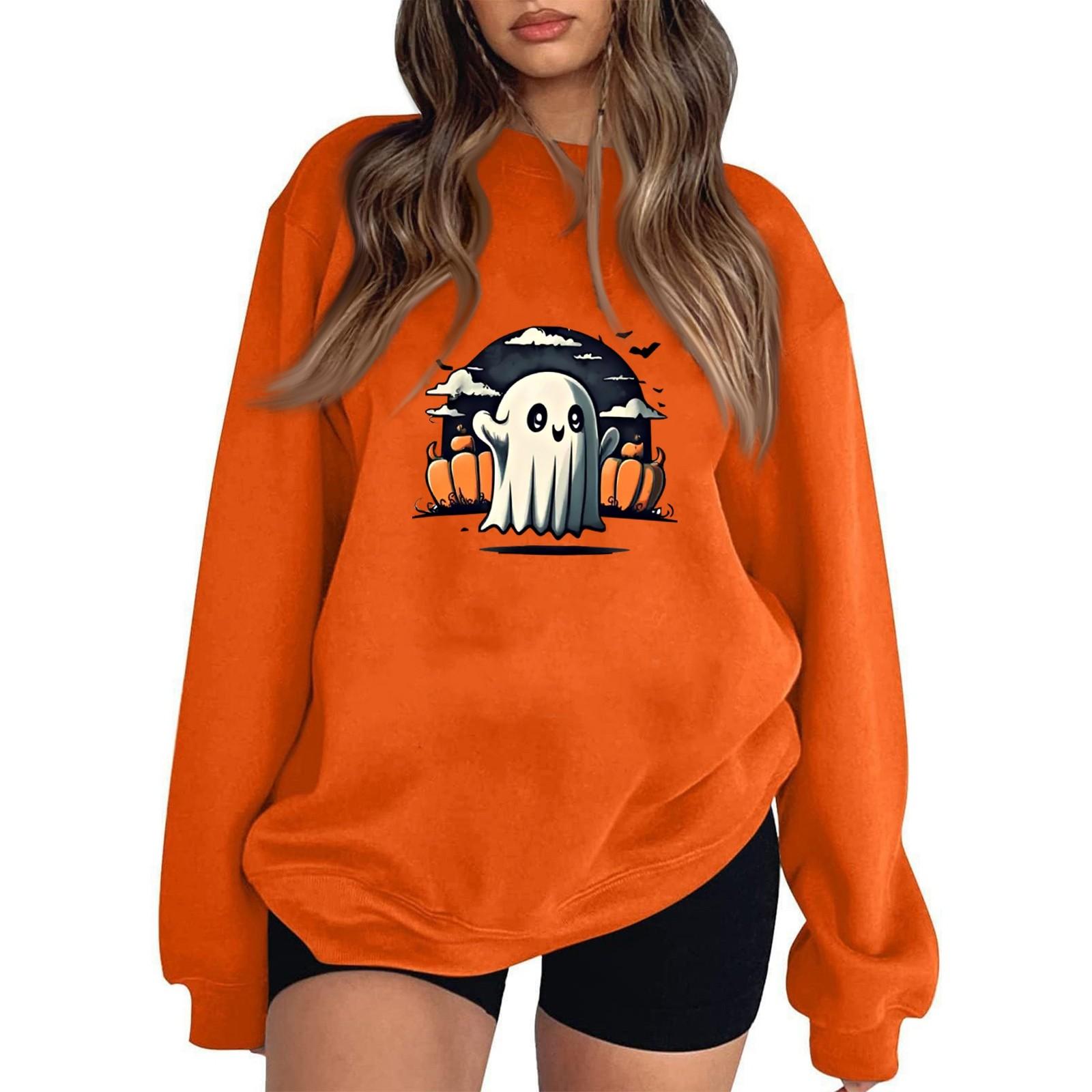 

Жіночі повсякденні модні світшоти з принтом на Хеллоуїн, з довгим рукавом і круглим вирізом, пуловер XL помаранчевий