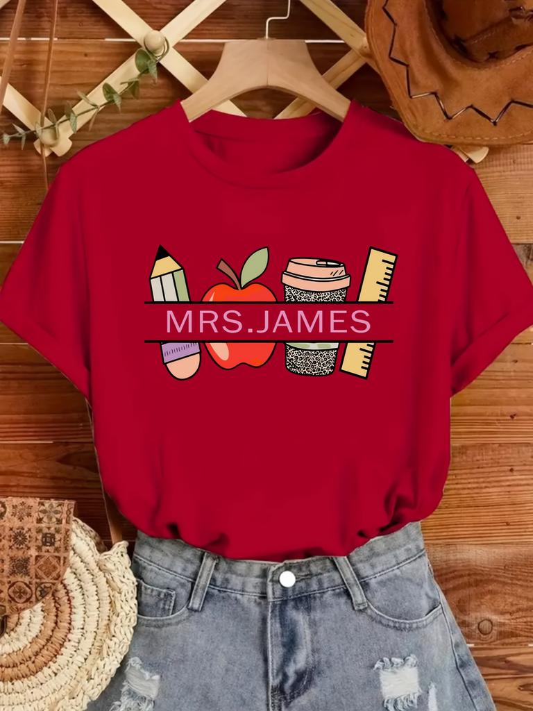Teacher  Fruit and Vegetable Design Printed Retro Style T-shirt Summer Women's Casual Round Neck Short Sleeve Top Daily Clothing