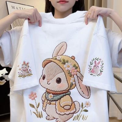 Damen Trendy Kaninchenprint Baumwoll-T-Shirt - Sommer Lockerer Schnitt, Schlankmachend Kurzarm Rundhals