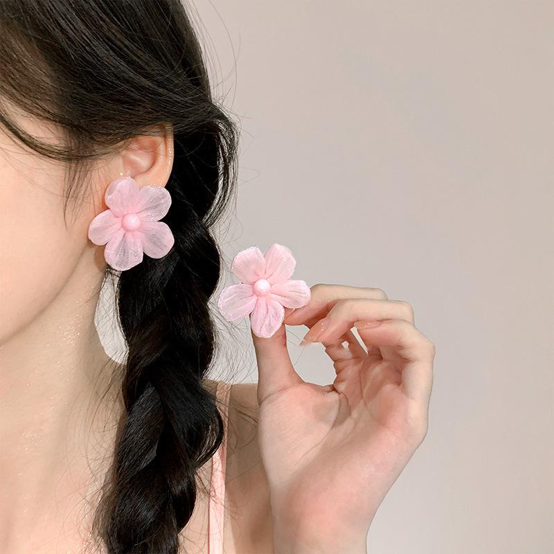 Fabric Chiffon Flower Pearl Earrings Elegant Fresh and Sweet Stud Earrings Niche Exquisite Fashion Versatile Earrings