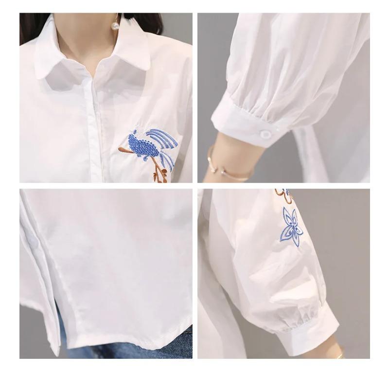 Everything Embroidered Summer Five Point Sleeve Shirt Literary Women Temperament Lapel Casual