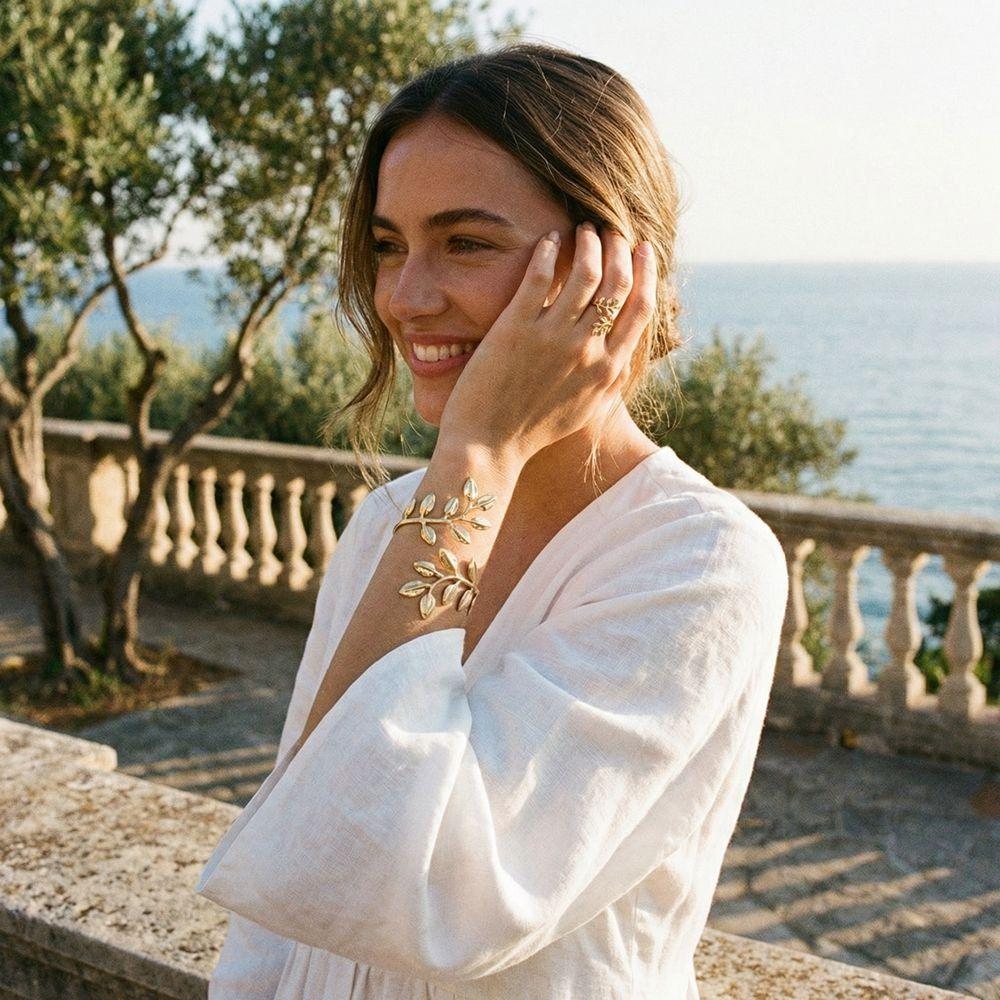 Open Armband Ring Set Gold Jewelry Set Fashion Leaf Upper Arm Cuff  Unisex