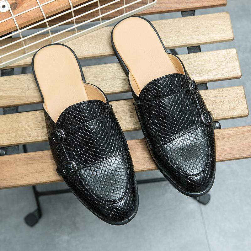 New Men Half Slippers Loafers Casual Monk Strap Serpentine Patent Leather Mules Moccasins Breathable Soft Slip On Driving Shoes