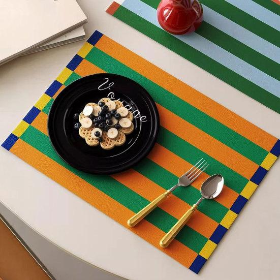 Yousheng Colorful Striped Placemat, Rectangular Artificial Leather Placemat, Heat Resistant Non-Slip Table Protector Mat for Home Dining