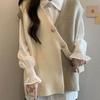 Women Irregular Contrasting Vest Sweaters Korean Gentle V-neck Female Knitted Sweater Autumn Casual Pullover Ladies Top