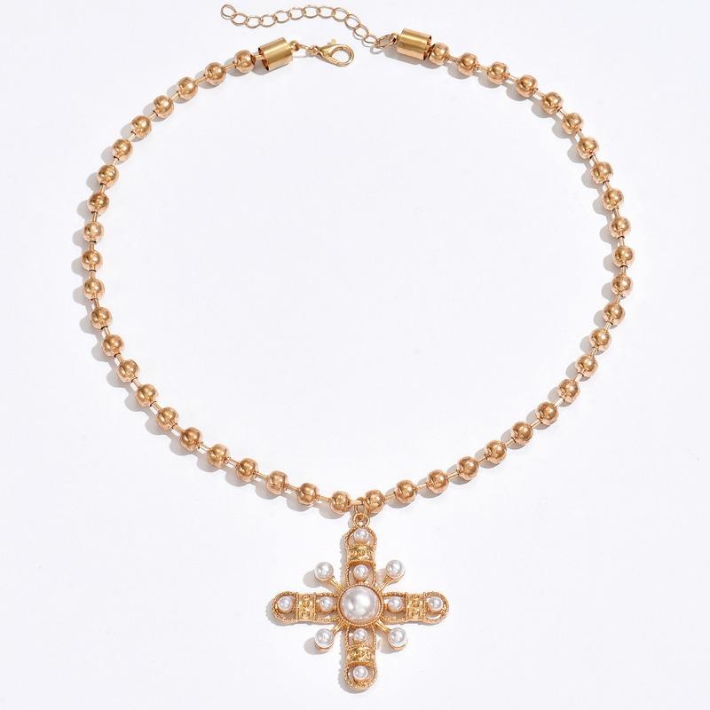 

Imitation pearl cross necklace pendant niche octagram retro beaded chain collarbone chain