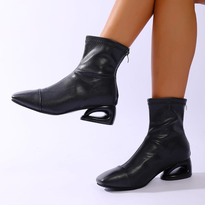 Foreign Style Special Heel Booties Square Toe Spliced Rear Zipper Non-slip Wear-resistant Block Heel Shoes