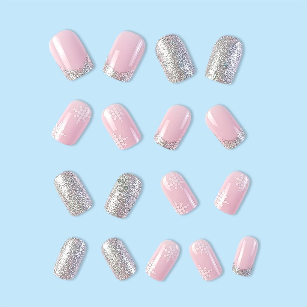 24Pcs Christmas Press on Nails Square French Tip Fake Nails Silver Glitter Nail Design Full Cover False Nails Snowflake Glue on Nails Cute Acrylic