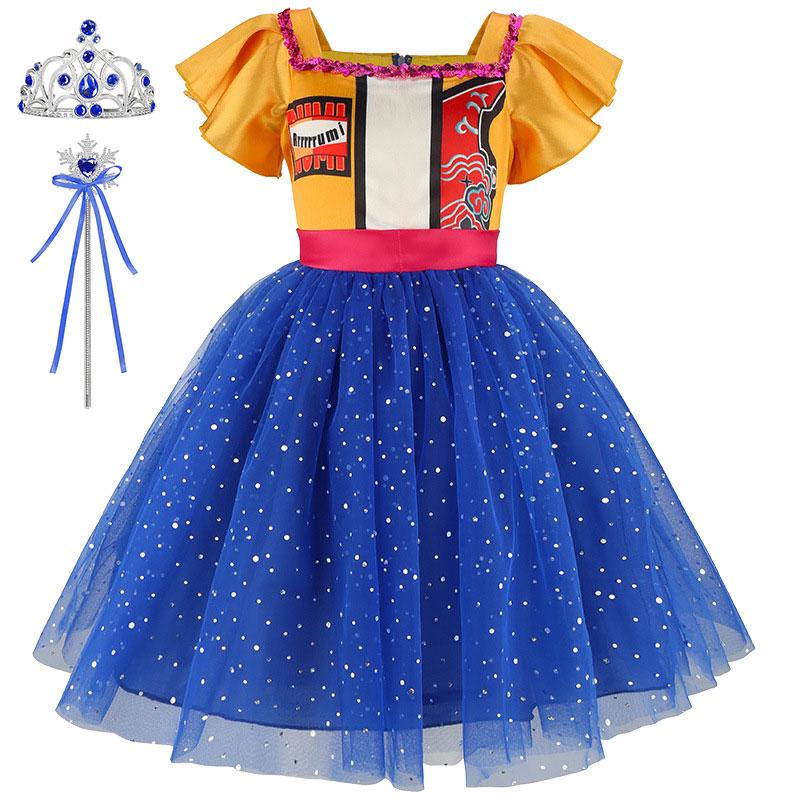 Golden Girls Geel Pofmouw Prinsessenjurk Graffiti Bodice Print Blauwe Pailletten Jurk Kinderen Koreaanse Popzanger Cosplay Kostuum 5-6T(130) blue