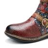 Johnature Retro Zlomený květ Kůže Prošívání Pásek Přezka Kozačky s kulatou špičkou Ploché dno Pohodlné Dámské Boty