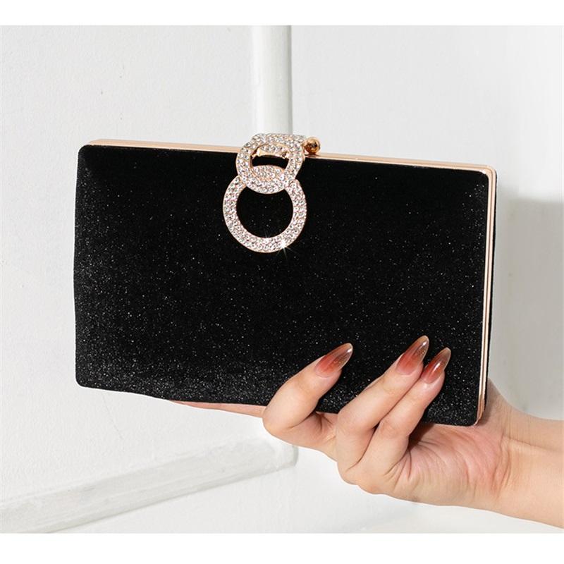 Elegant Solid Velvet Evening Clutch Rhinestone Decor Chain Handbag Luxury Formal Women Purse For Party Banquet
