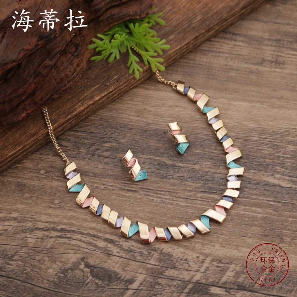 New enamel color spiral geometric line stud earrings necklace set, women's exaggerated geometric stud earrings necklace
