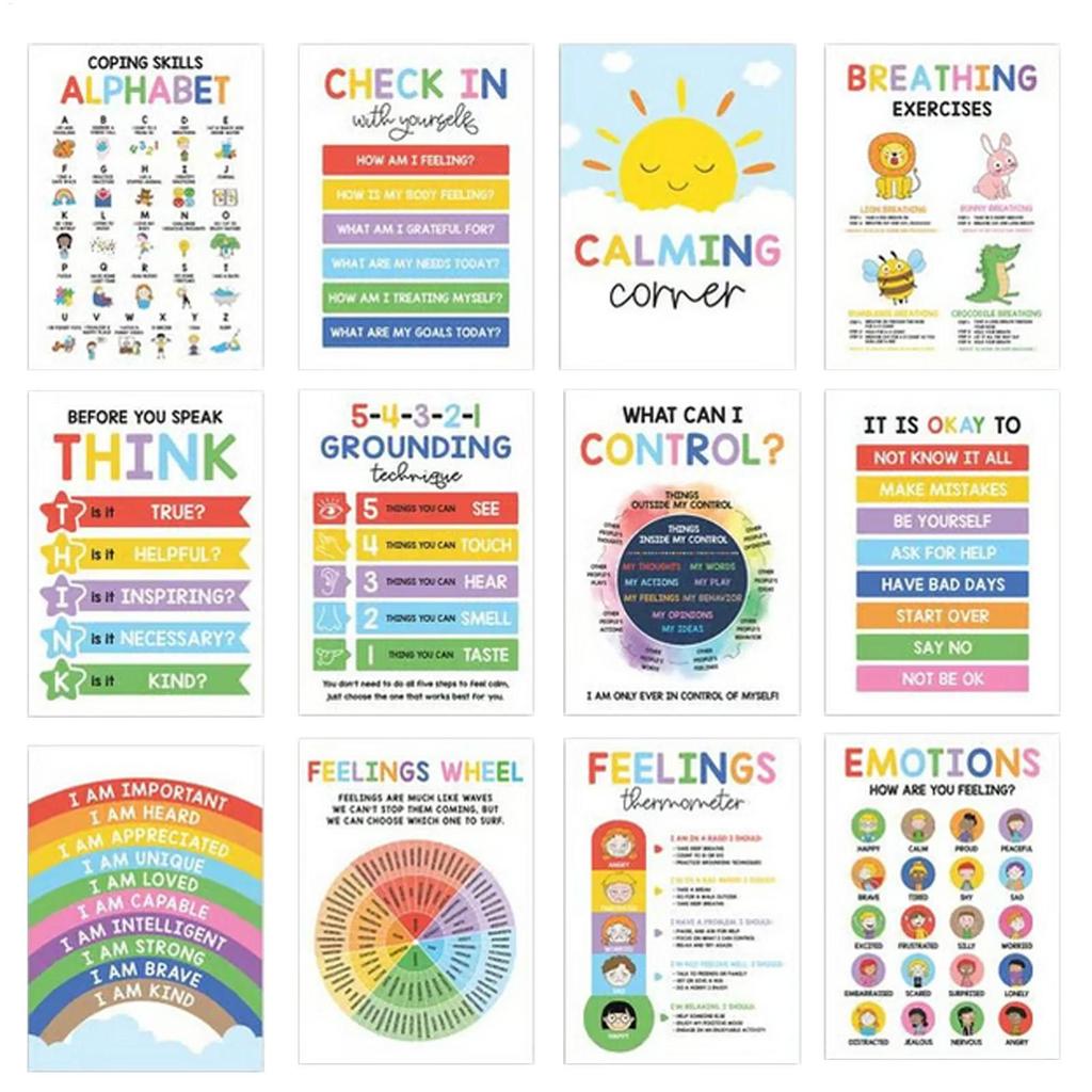 Calming Corner Posters 12 Pieces Mental Health Posters Classroom Emotions Chart Wall Art for Daycare Library Program Space