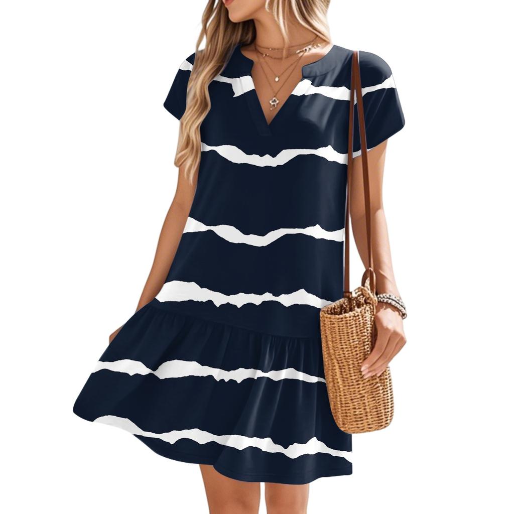 Women's Dresses Short Sleeve V-Neck Floral Printed Loose Casual Temperament Beach Dresses