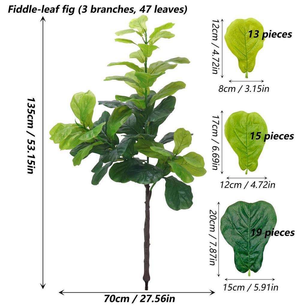 Artificial Fiddle Leaf Fig Plant with 3 Branches and 47 Leaves - Waterproof, Sunscreen, Nordic Style for Indoor/Outdoor Decor