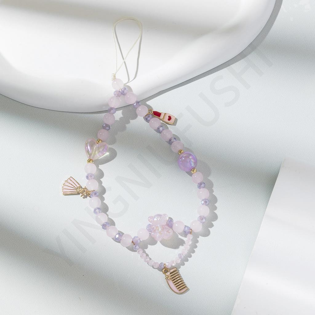 New small fresh pink purple glass beaded mobile phone chain niche design girl heart mobile phone lanyard pendant