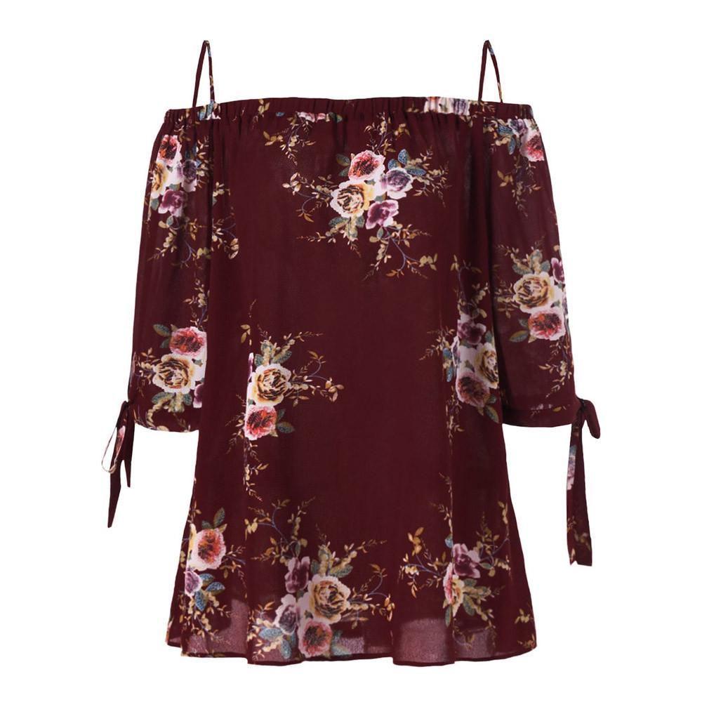 Fashion Womens Plus Size Floral Print Cold Blouse Camis Casual Shoulder Tops For Summer