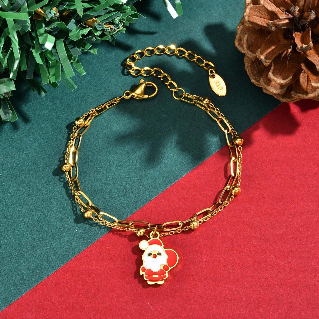 Cartoon Santa Claus Stainless Steel Double Layer Bracelet for Women, 18K Gold Plated Christmas Bracelet, Trendy Jewelry Gift