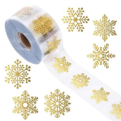 Snowflake Christmas Stickers Roll-Gold Foil 2500Pcs-Clear Round Adhesive Labels For Holiday Decor