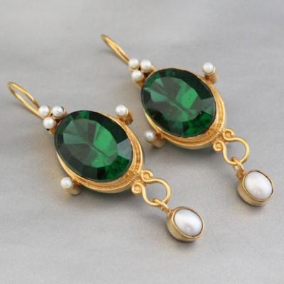 Vintage Round Synthetic Dark Green Crystal Pearl Golden Color Earrings Women's  Creative Holiday Party Gift Pendant