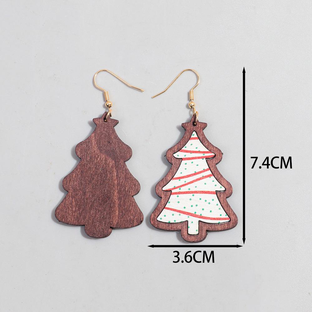 Retro Long Christmas Tree Wood Earrings for Women Creative Xmas Plaid Cookie Trees Drop Earring Party Jewelry Gifts