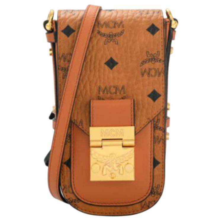 

New MCM Patricia Visetos Artificial Leather One Shoulder Chain Crossbody Cell Phone Pouch Mini Women s Cognac MWRASPA04CO001 4.6*9.4*19.1CM