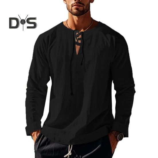 Pánské bavlněné tričko s dlouhým rukávem a výstřihem do V, volné tričko, jednobarevné, letní, ležérní, pro denní nošení, pouliční, párty, plážové