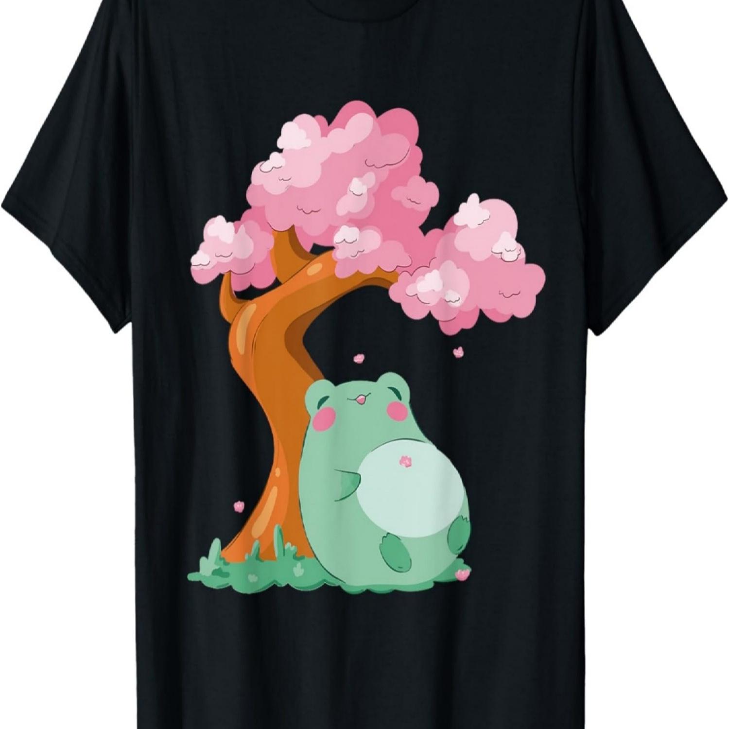 Cute Kawaii Frog and Cherry Blossom Sakura Tree T-Shirt S