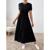 Crew Neck Solid Color Dress - Short Sleeve Drawstring Waist Side Pocket Shift Dress, Casual Breathable Cotton Tunic, Minimalist Everyday Outfit