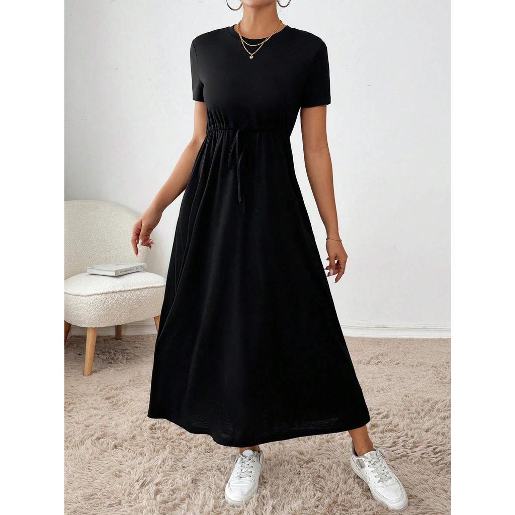 Crew Neck Solid Color Dress - Short Sleeve Drawstring Waist Side Pocket Shift Dress, Casual Breathable Cotton Tunic, Minimalist Everyday Outfit