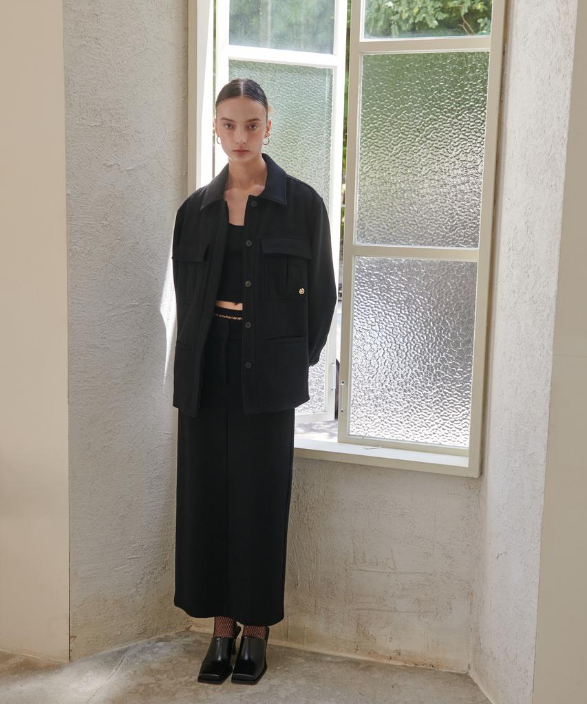 Eonmyuteu Semi Low Waisted Maxi Wool Skirt (Black)