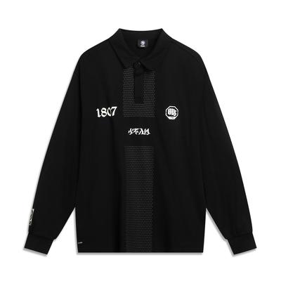 Li Ning Basketball Serie Einfaches Vielseitiges Bequemes Locker Geschnittenes Langarm-Poloshirt mit Buchstabenaufdruck auf dem Rücken Herren Oberteile Schwarz AHSVE67-2