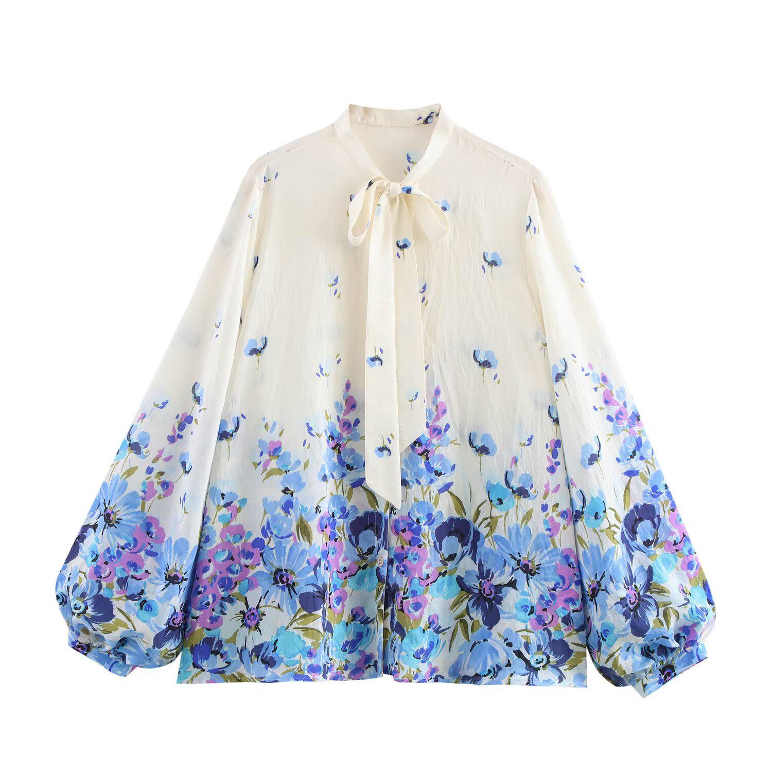 

Spring 2025 Women s Elegant Bow Print Long-Sleeve Shirt Extra Small синій