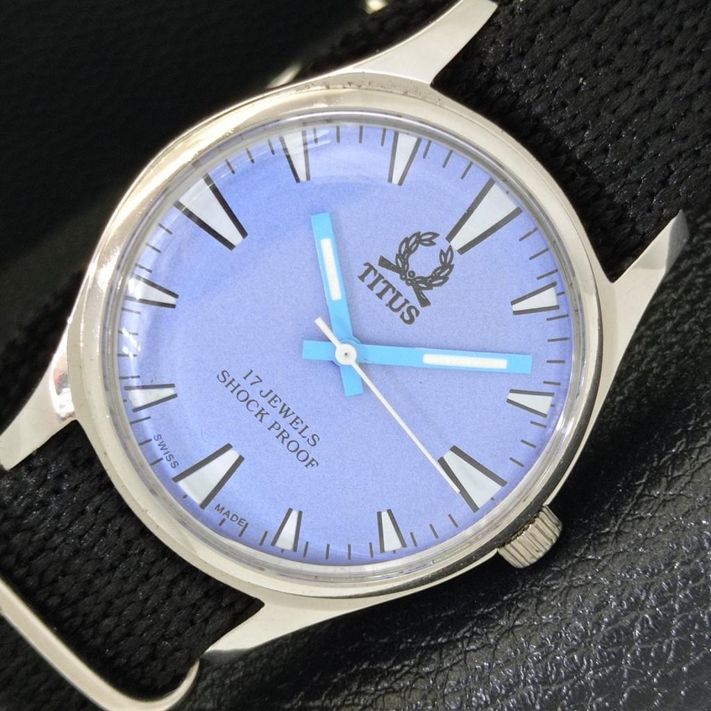 

SWISS VINTAGE TITUS HAND-WINDING MENS REFURBISHED SKY BLUE DIAL WATCH a500069-2 R151a-a500069