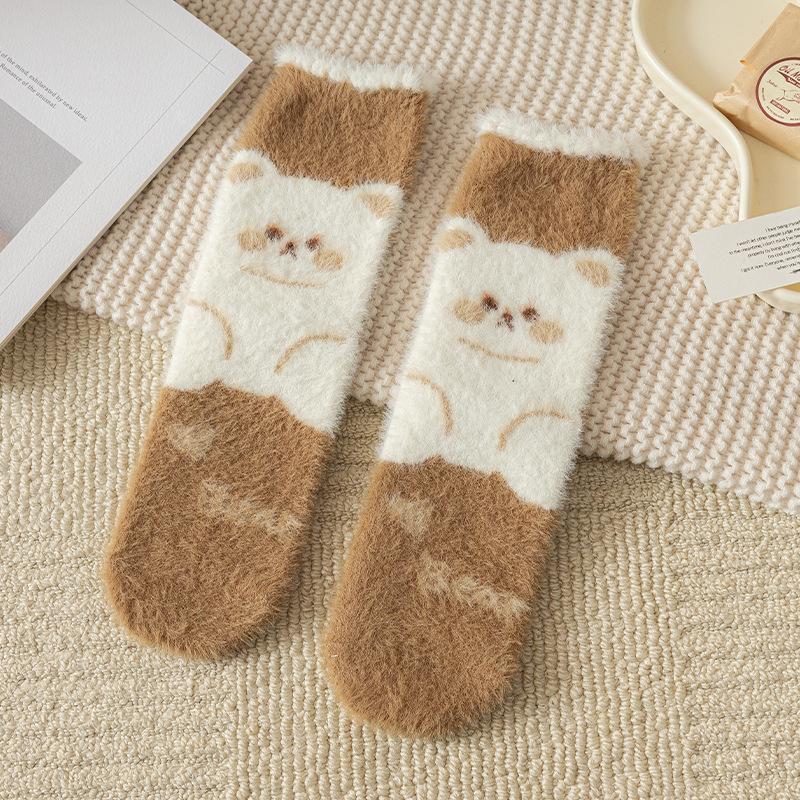 Șosete roz dulce cu iepurași și fundă, imitație nurcă, iarnă, pluș, calde, de casă, pentru dormit, ins japonez, desene animate, drăguțe, cu blană, șosete tub