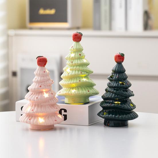 Lighted Ceramic Christmas Tree Small Xmas Tree Figurine with Fruit Tree Topper Holiday Tabletop Centerpiece for Home Mantel Shelf Fireplace Decor