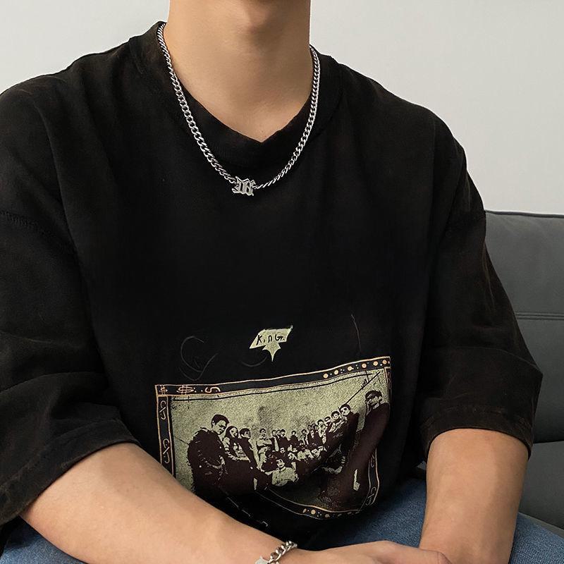 Pánský Hip-Hop M náhrdelník s přívěskem: Trendy kubánský řetěz z titanové oceli, stylový a minimalistický design.