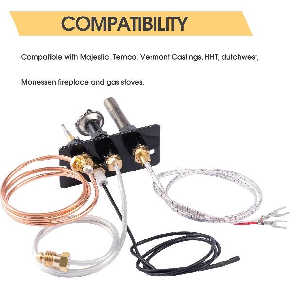 10002264 Natural Gas Pilot Assembly, SRV10002264 NG 3 Way Pilot with Thermocouple Thermopile Replacement Kits Compatible with Majestic, Temco,