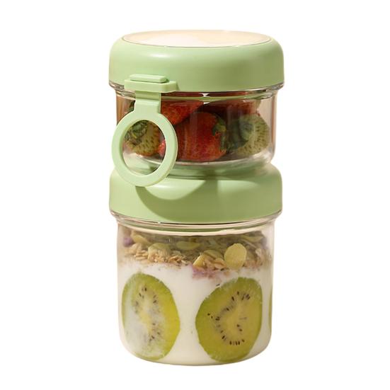 Tragbares Overnight Oats Glas mit integriertem Löffel & Deckel, Auslaufsichere Kunststoff-Frühstückstasse für Salat, Joghurt, Obst, BPA-freier transparenter Behälter