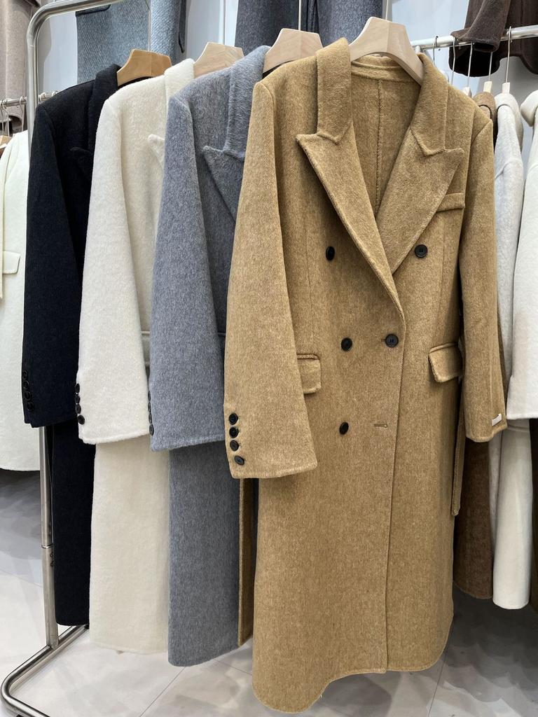 Autumn and winter belt double-sided fleece wool coat women's commuting Hepburn woolen thickened long barred collar jacket