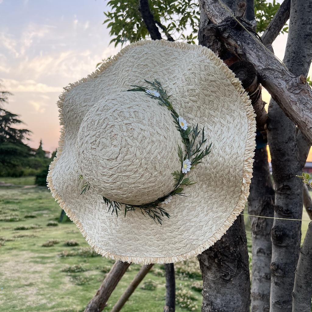 Straw hat ins lace-up hollow straw hat women's summer travel sun protection beach seaside sun hat lace edge sun hat