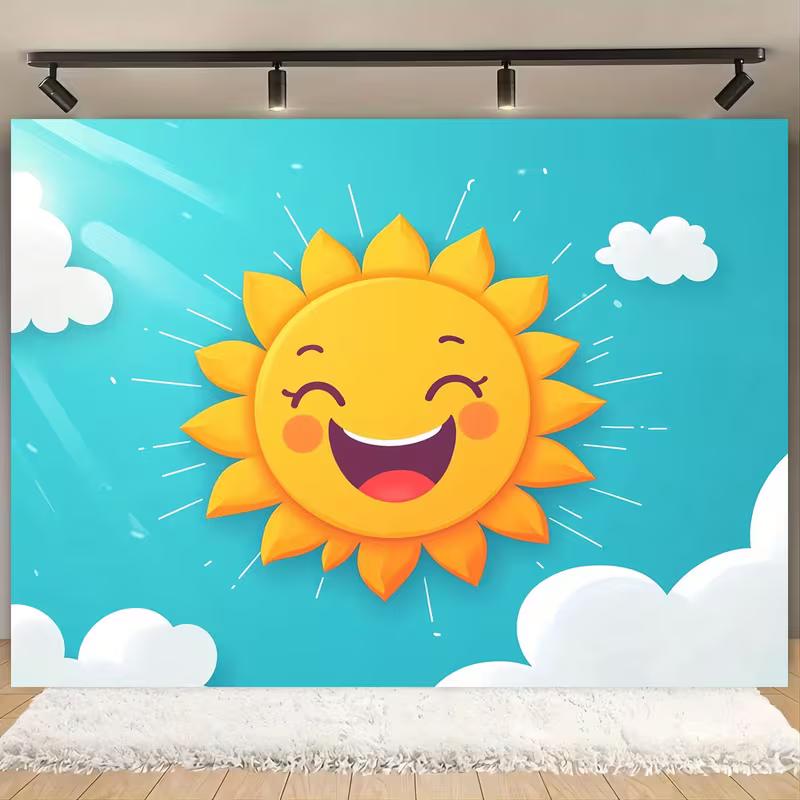 Sfondo Cartone Animato Sole Sorridente 2D Cielo Azzurro Luminoso Sfondo Fotografico