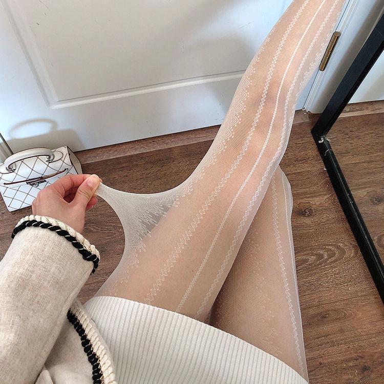 Spring-Summer Thin Gray Stockings for Women - Retro Side Lace Vertical Striped Pantyhose, Sexy Jacquard Black Silk & JK-style White Silk