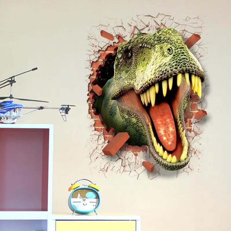 Dinozor Kırık Duvar 3D Vinil Duvar Kağıdı Çıkartmaları Çocuk Odası Ev Kulüp Jurassic Hayvanlar Dünyası Dekorasyonu